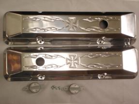 Small Block Chevy Polished Aluminum Crossfire Retro Style Valve Covers